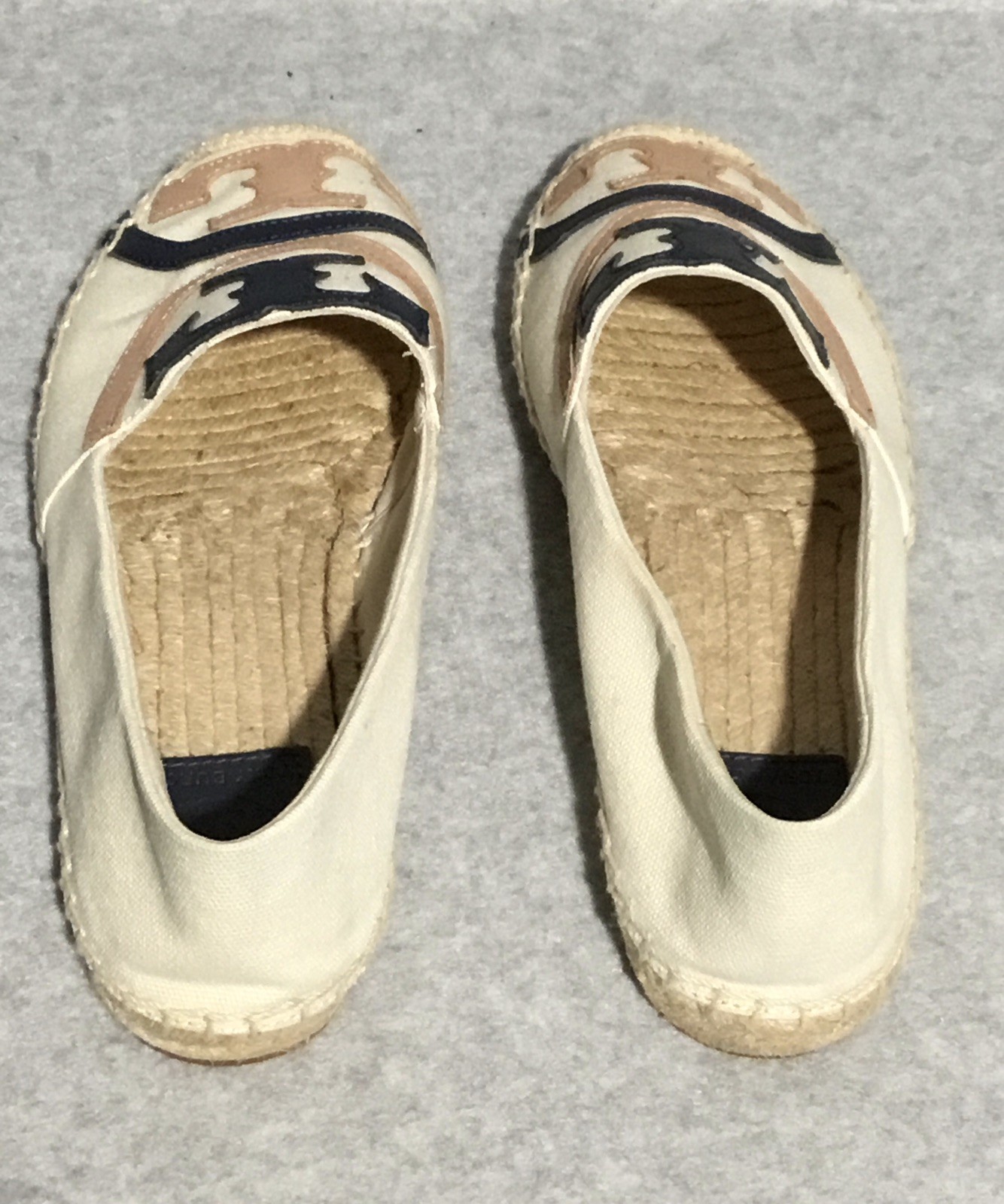 Tory Burch Poppy Espadrille Flats Size 7 Cream Tan Canvas Leather Logo Slip On