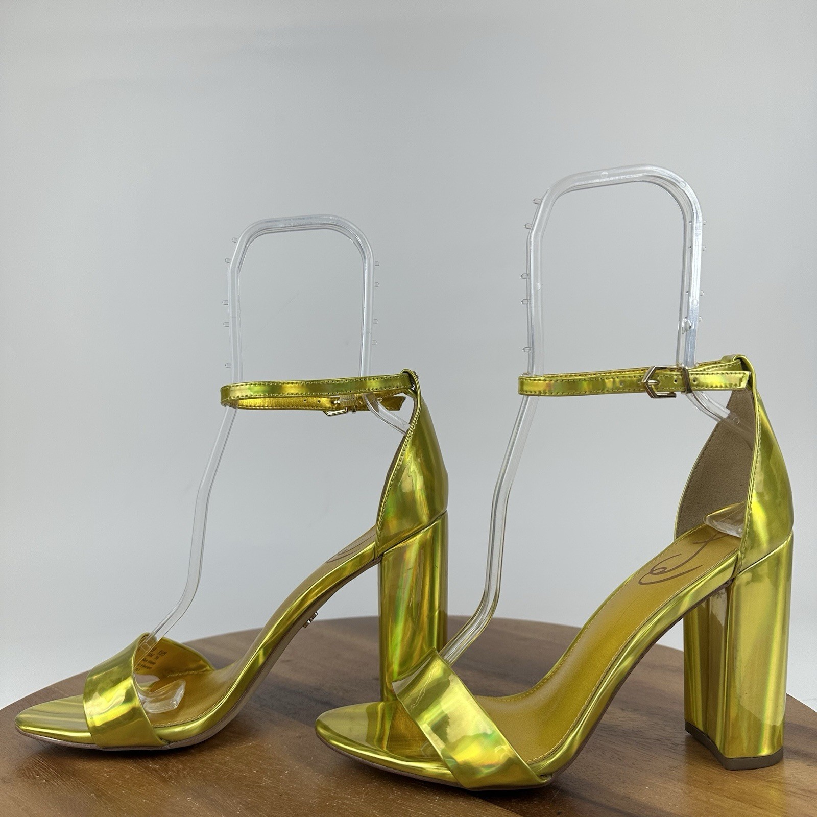 Womens Sam Edelman Yaro Gold Leather Block Open Toe Heeled Sandals Size 8.5 M