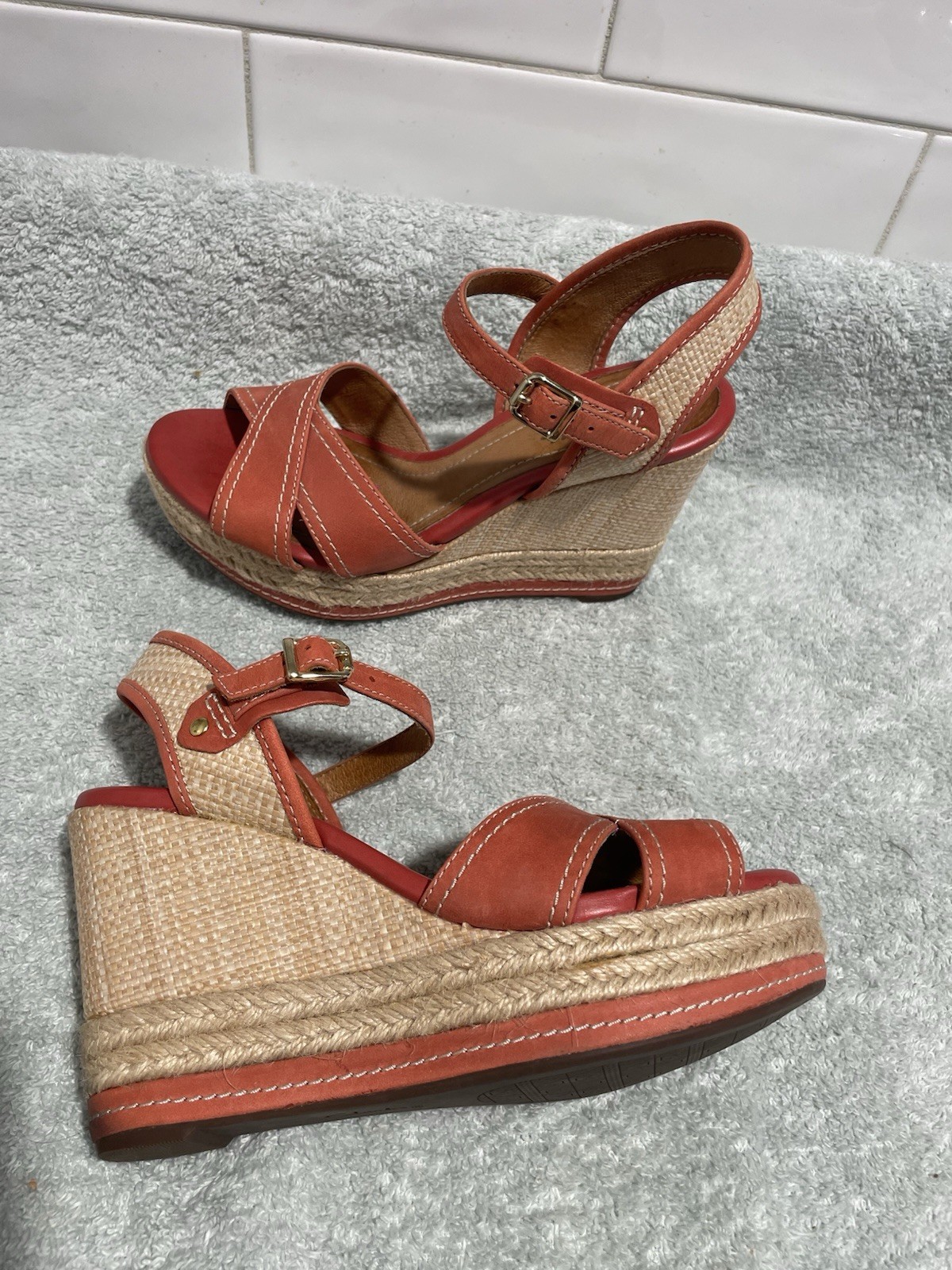 Clarks Orange/Beige Leather Wedge Espadrille Sandals Ankle Strap Buckle 5.5