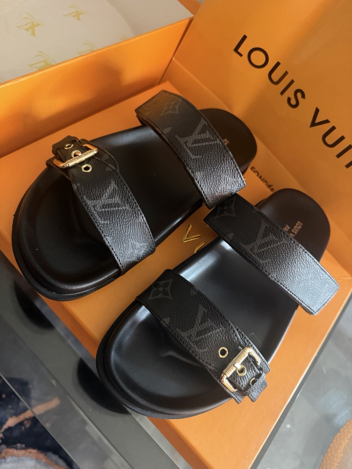 Louis Vuitton Black Monogram Logo Slide Sandals w/ Buckle Adjustable Strap