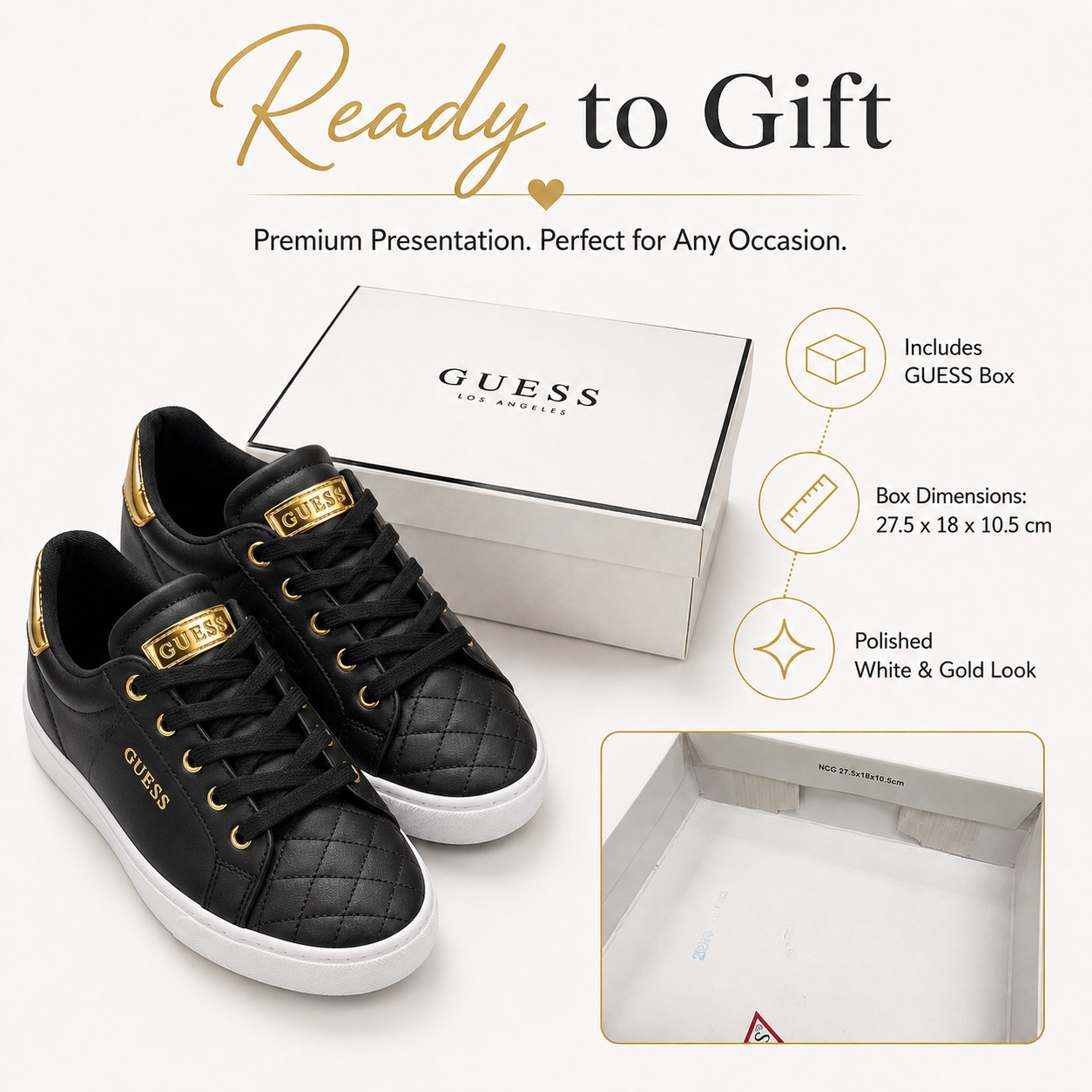 GUESS Black/Gold Low Top Sneakers Lace Up Quilted Shoes Size 5 || Free Shipping