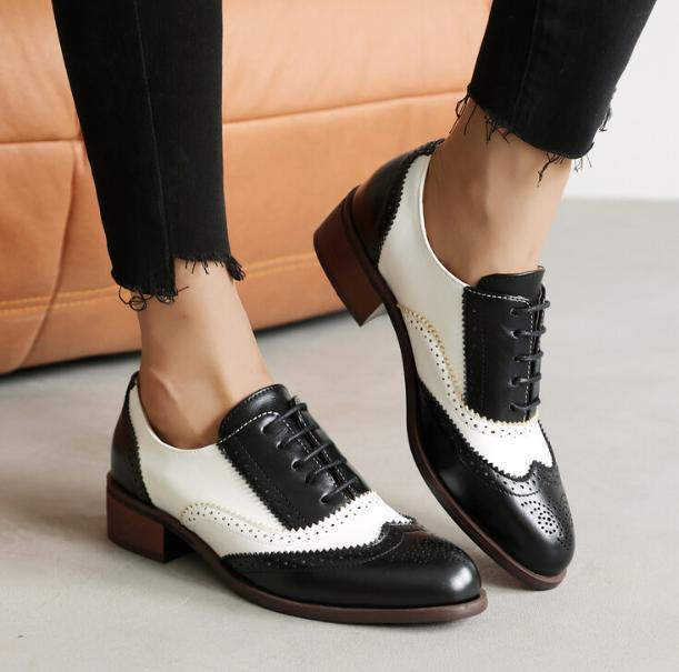 Brogue Shoes Patchwork Two Tone Color Matching Women’s Lace Up Carved College SZ