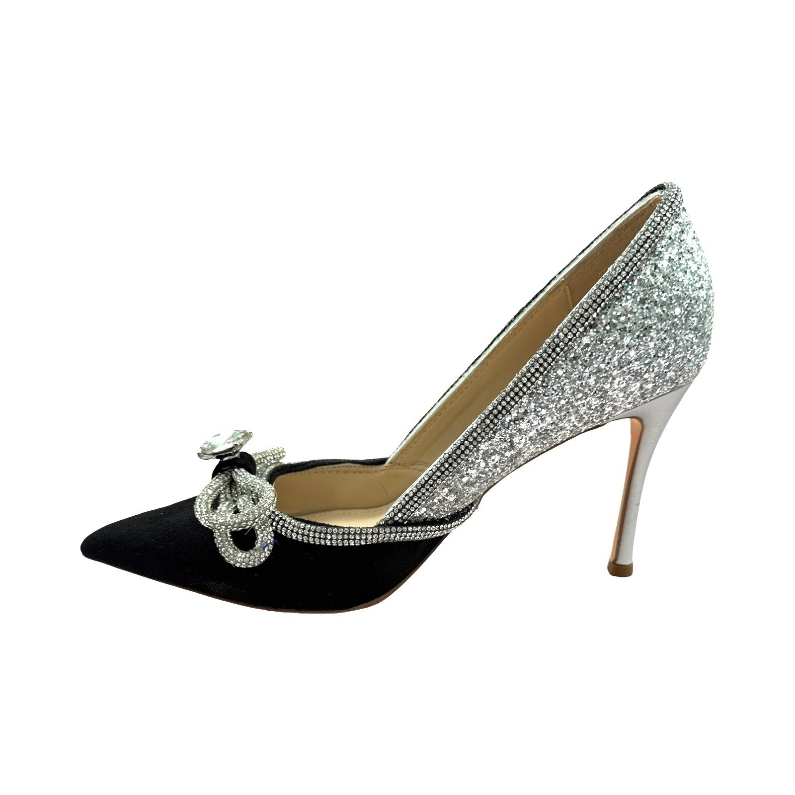 Msonydn Black Silver Glitter Crystal Bow Pointed Toe Stiletto Pumps Evening Shoe