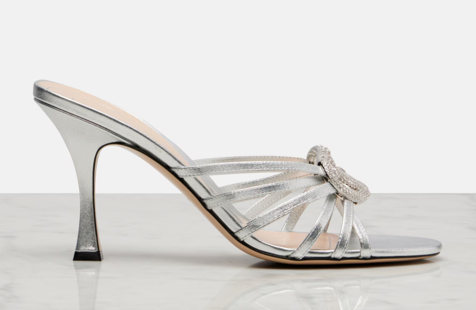 Gucci Interlocking G 85mm Silver Leather Crystal GG Logo Heel Mule Sandal 40