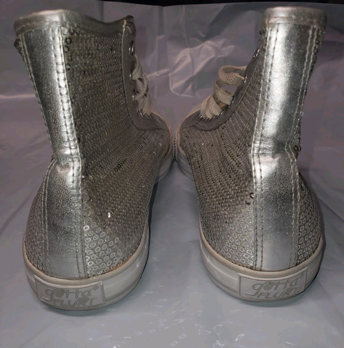 Gotta Flurt Disco Silver Sequin High Top Laced Sneakers Size 8.5