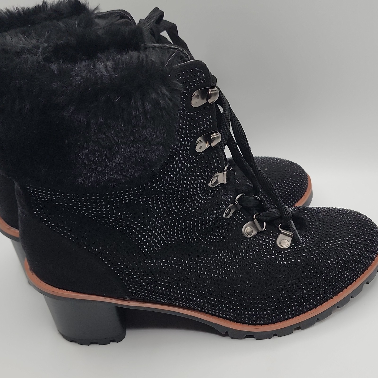 Nanette Lepore Anais Women’s 8.5 Black Lace-Up Faux Fur Trim Ankle Booties