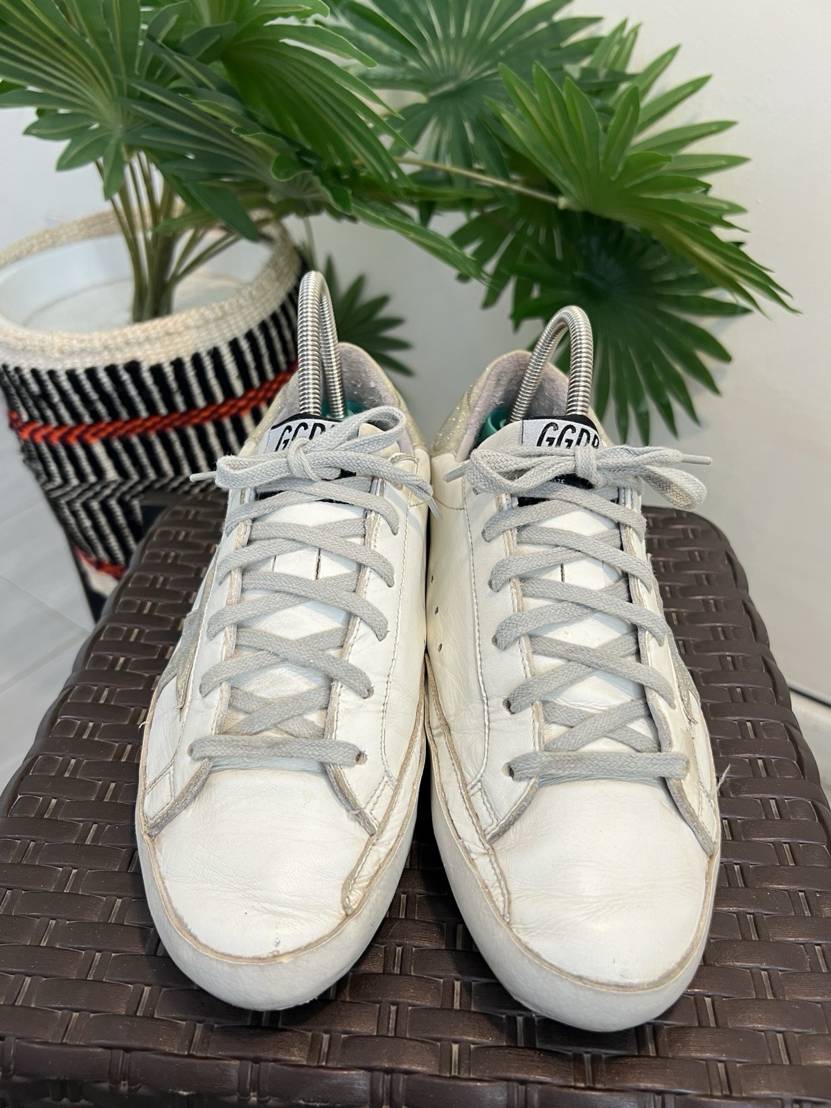 Golden Goose White/Green Leather And Suede Superstar Sneakers US 6.5
