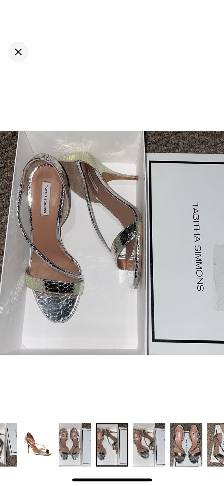 Tabitha Simmons $695 Silver Metallic Snakeskin Heel Sandals Size 8 Evening Glam