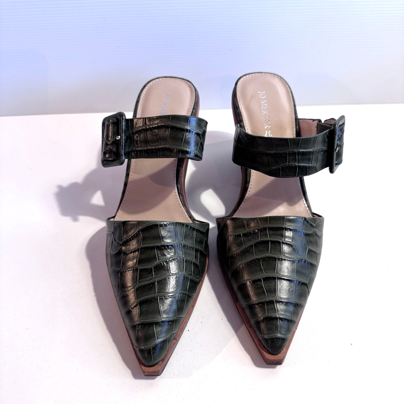 Jo Mercer Croc Pattern Green Leather Mules Block Heel Ladies EU 37 AU 6 As New