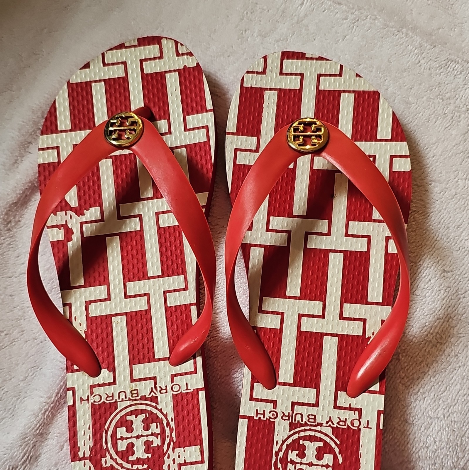 Tory Burch Red/White Logo Geometric Flip Flop Sandals Womens US 7 Rubber