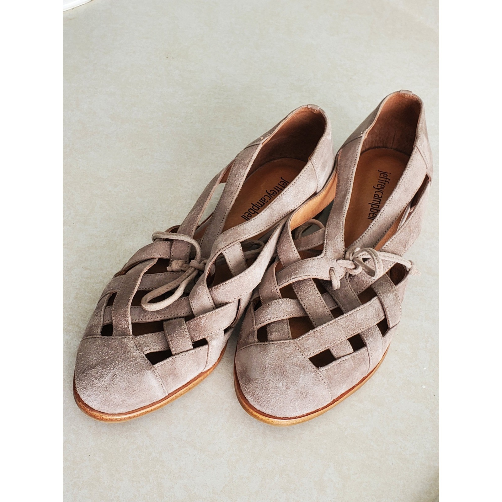 Jeffrey Campbell Canela Flats Taupe Suede Woven Huarache Sandals Size 6.5 Boho