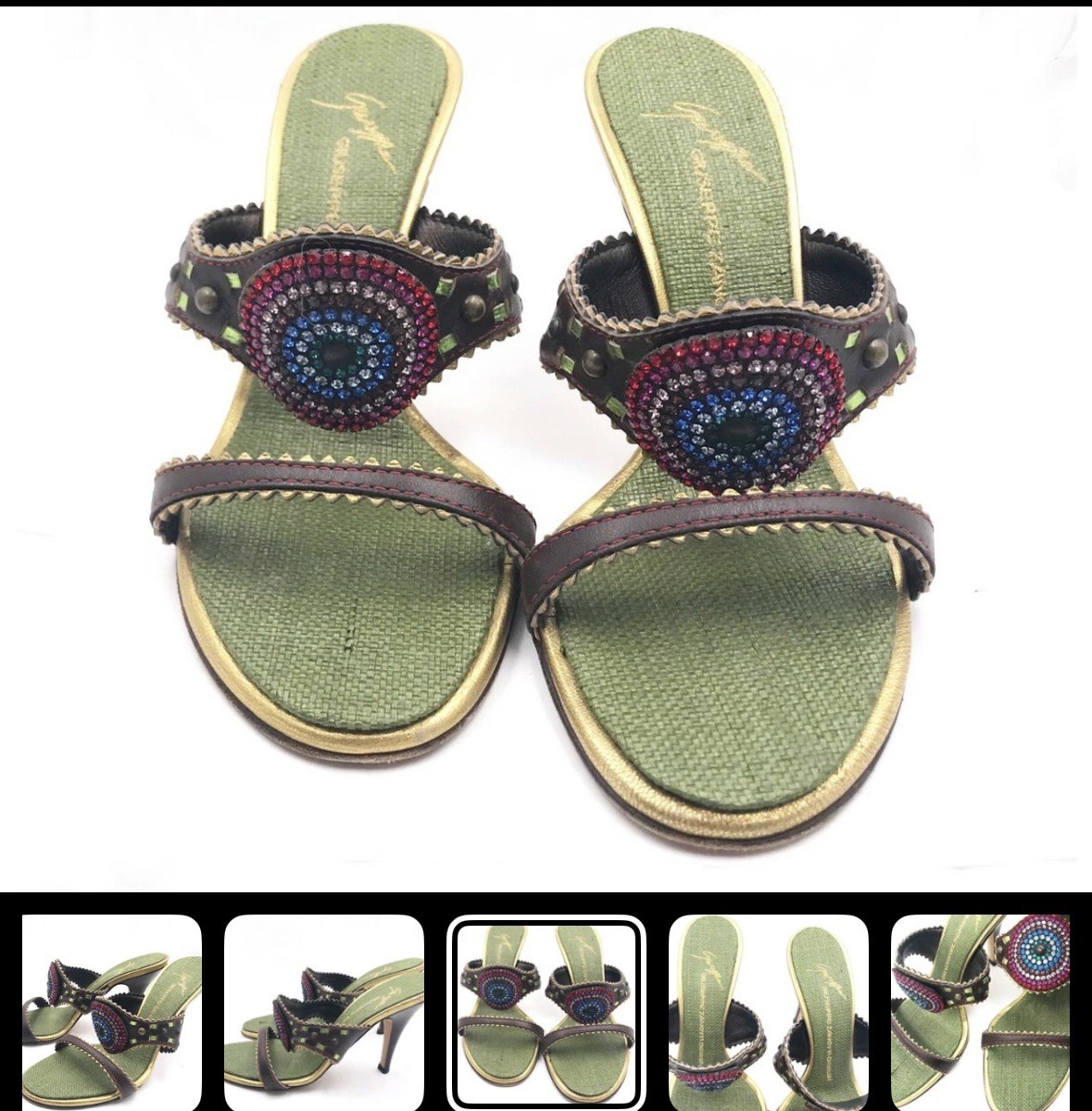 Giuseppe Zanotti Crystal Green Brown Multi Color Sandals Heels 8