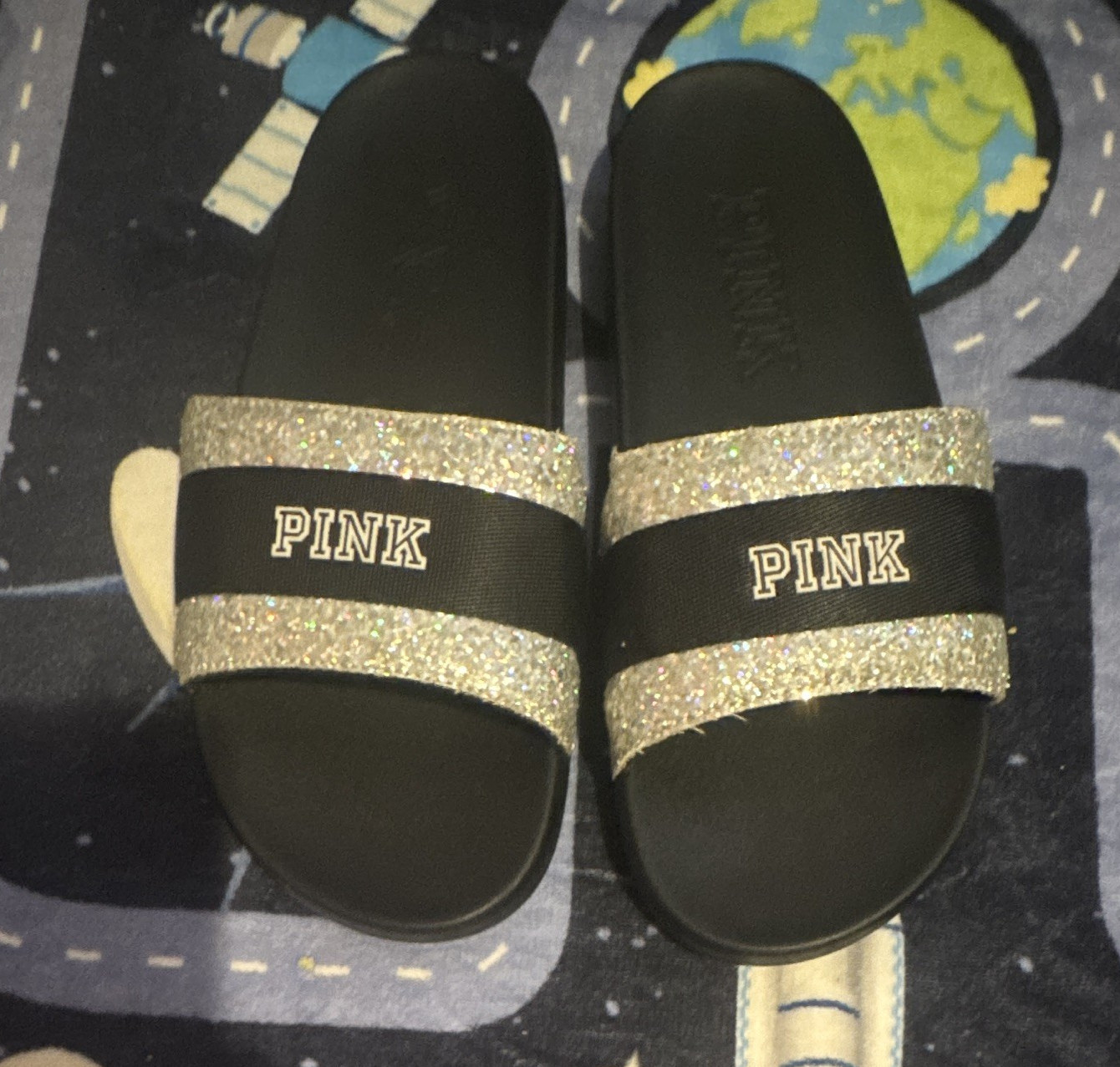 PINK Women’s Slide Sandals Black/Silver Glitter Logo Strap Slip On medium