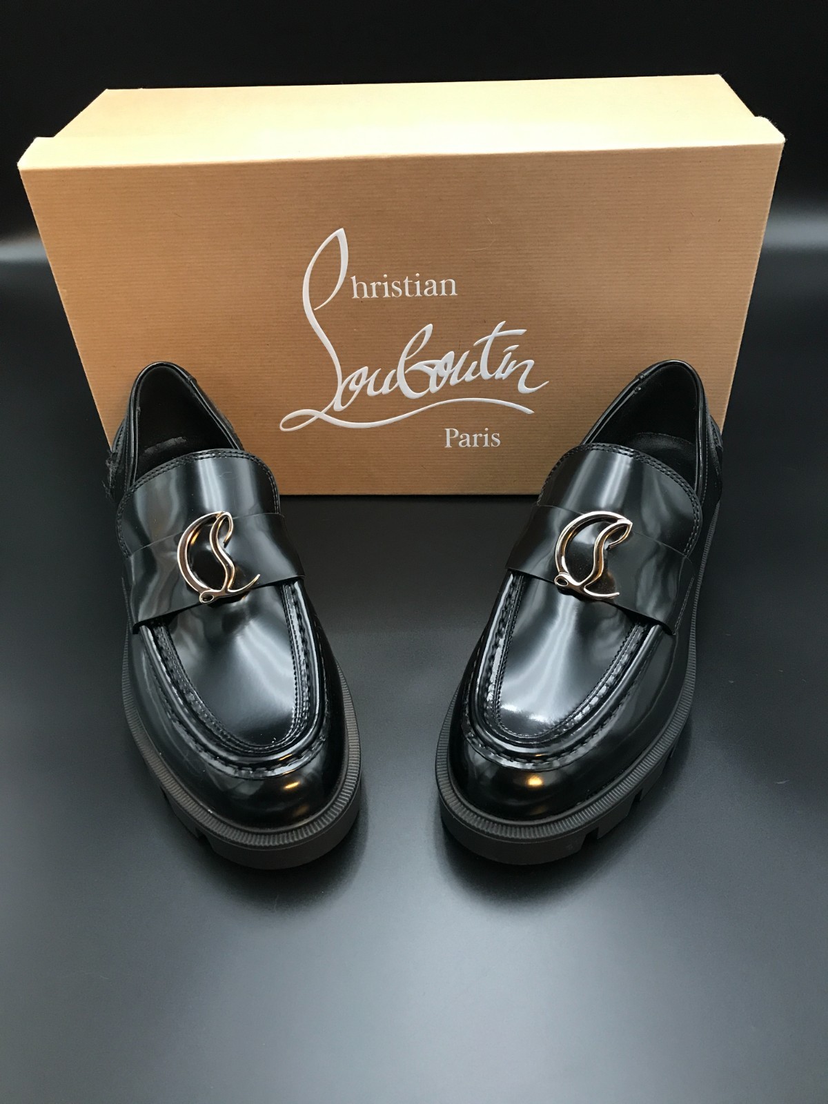 Christian Louboutin CL Moc Lug Flat Lovers Black Size 36 NEW WITH BOX, SHOE BAGS