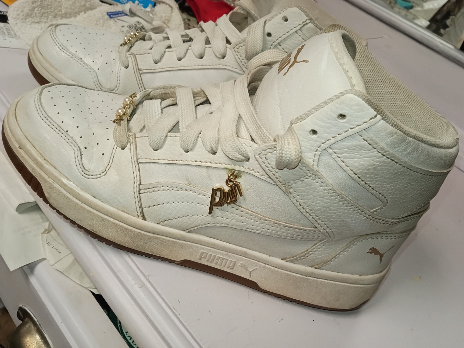 PUMA Rebound Layup Pearlized High Top Womens Off White Sneakers Size 8