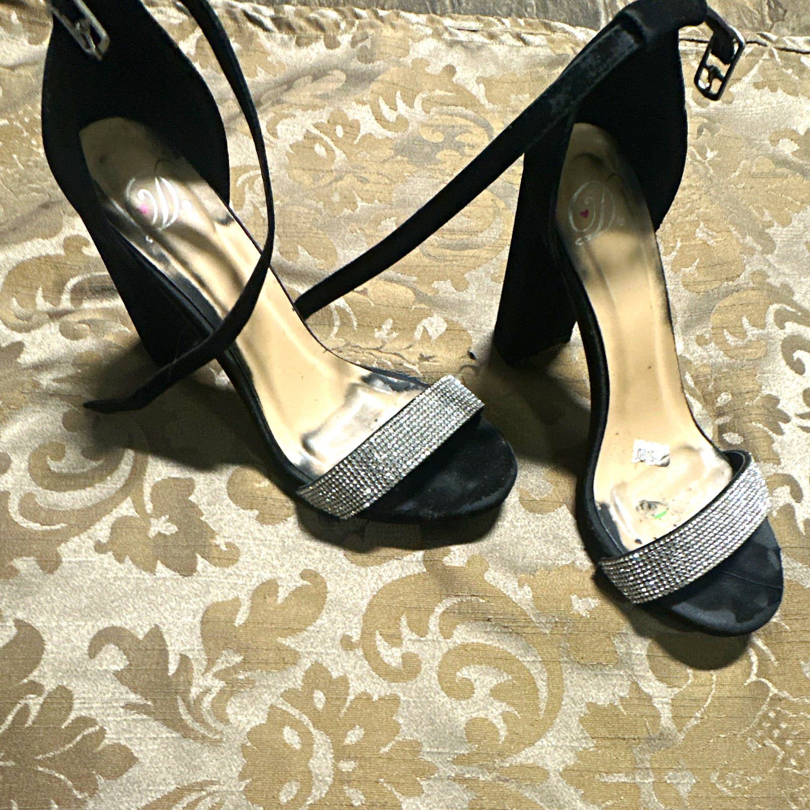 Women’s Black Suede Rhinestone Strappy Ankle Strap Open Toe Block Heel, 7