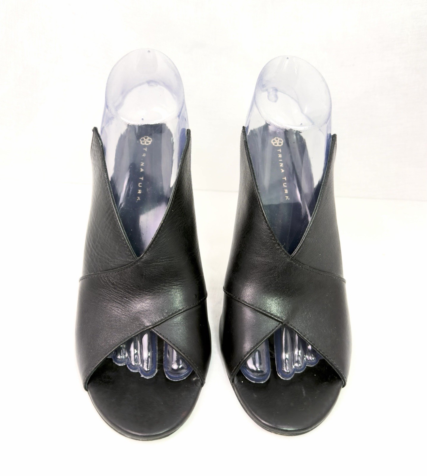Trina Turk Black Leather Mule Heels 7.5M Peep Toe Slide Stiletto Brazil 4 Inch