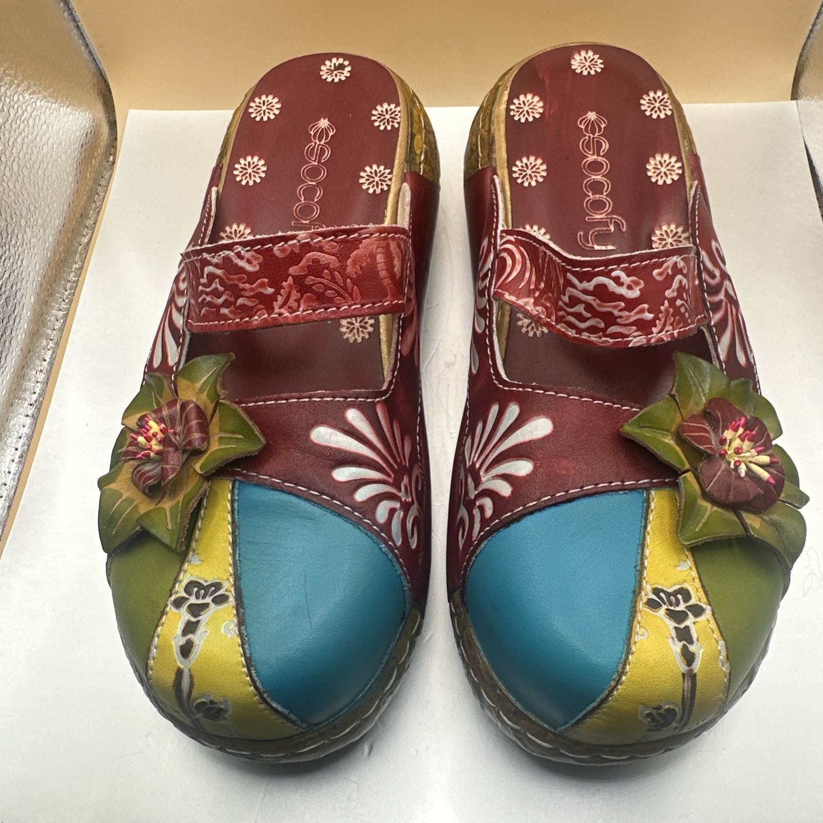 Socofy Women’s Sz 5.5 (36) Colorful Floral Leather Clogs Mules Boho Artsy Hippie