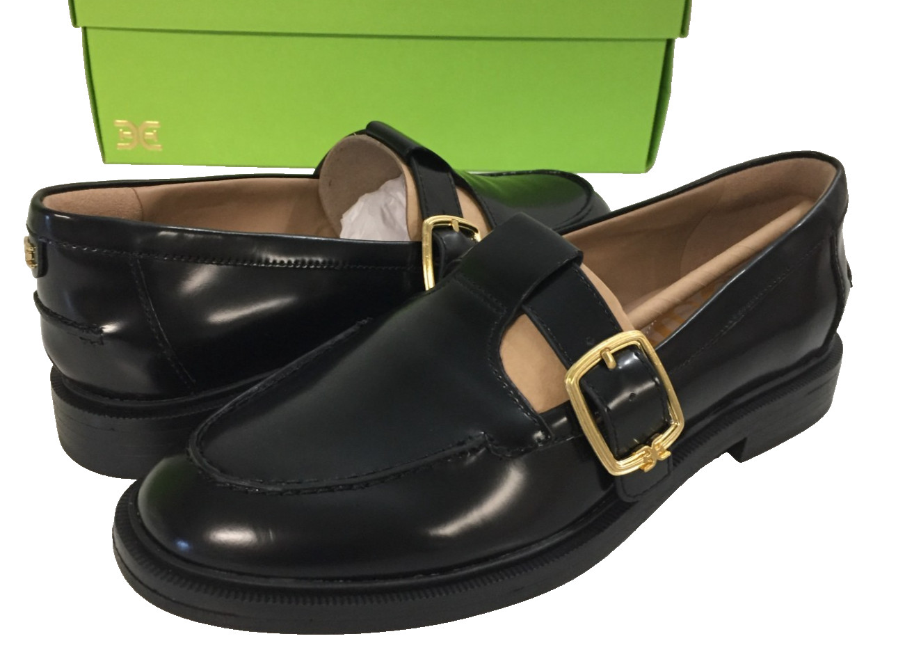 Sam Edelman Women’s Elaina Slip On Black Lea Loafers Gold buckle