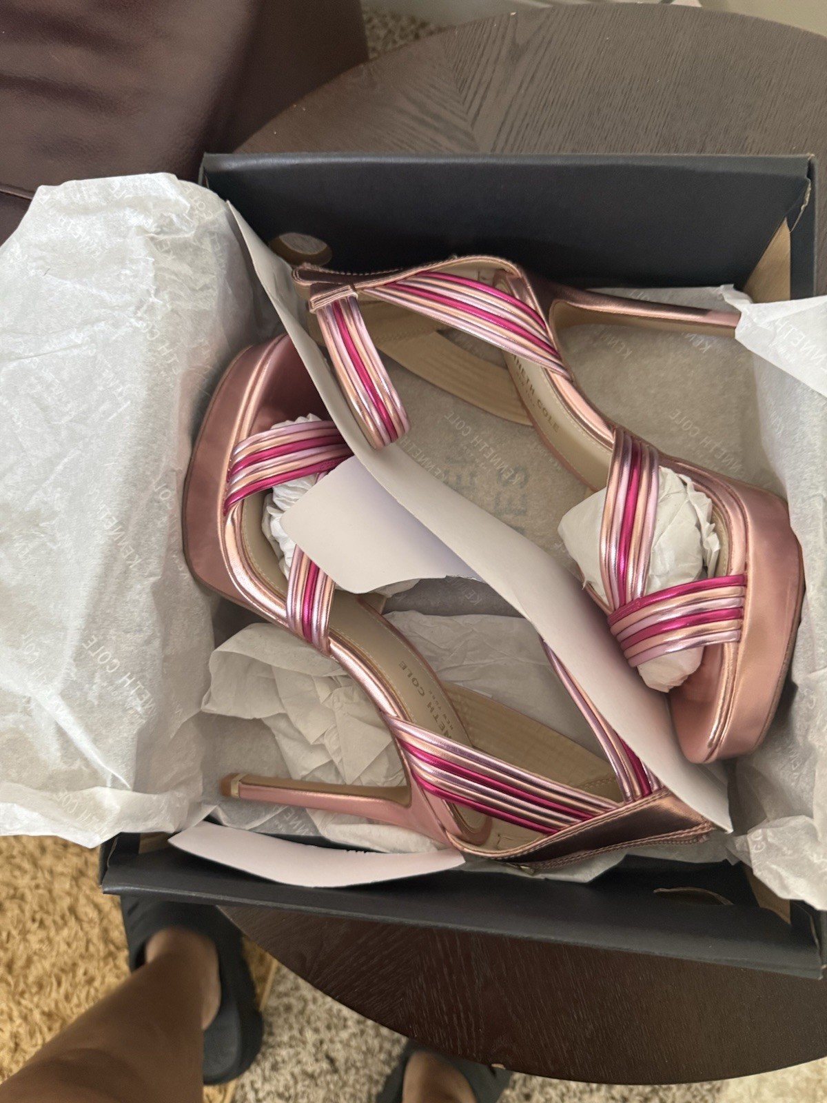 Kenneth Cole Pink/Rose Gold Striped Leather Strappy Ankle Strap Heels 9