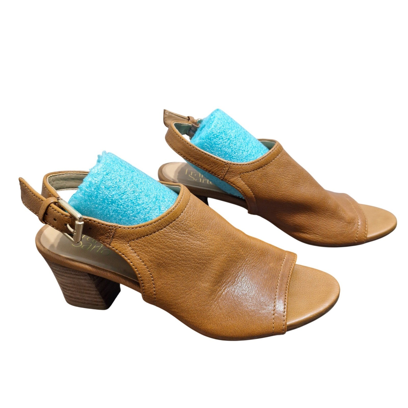Franco Sarto Mandi Women 8M Cognac Leather Slingback Peep Toe Block Heel Sandals