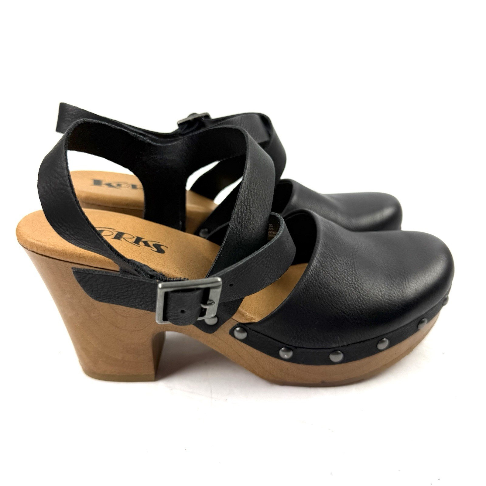Kork Ease Abloom Clogs 7 Black Leather Studded Boho Chic Wood Platform Shoes