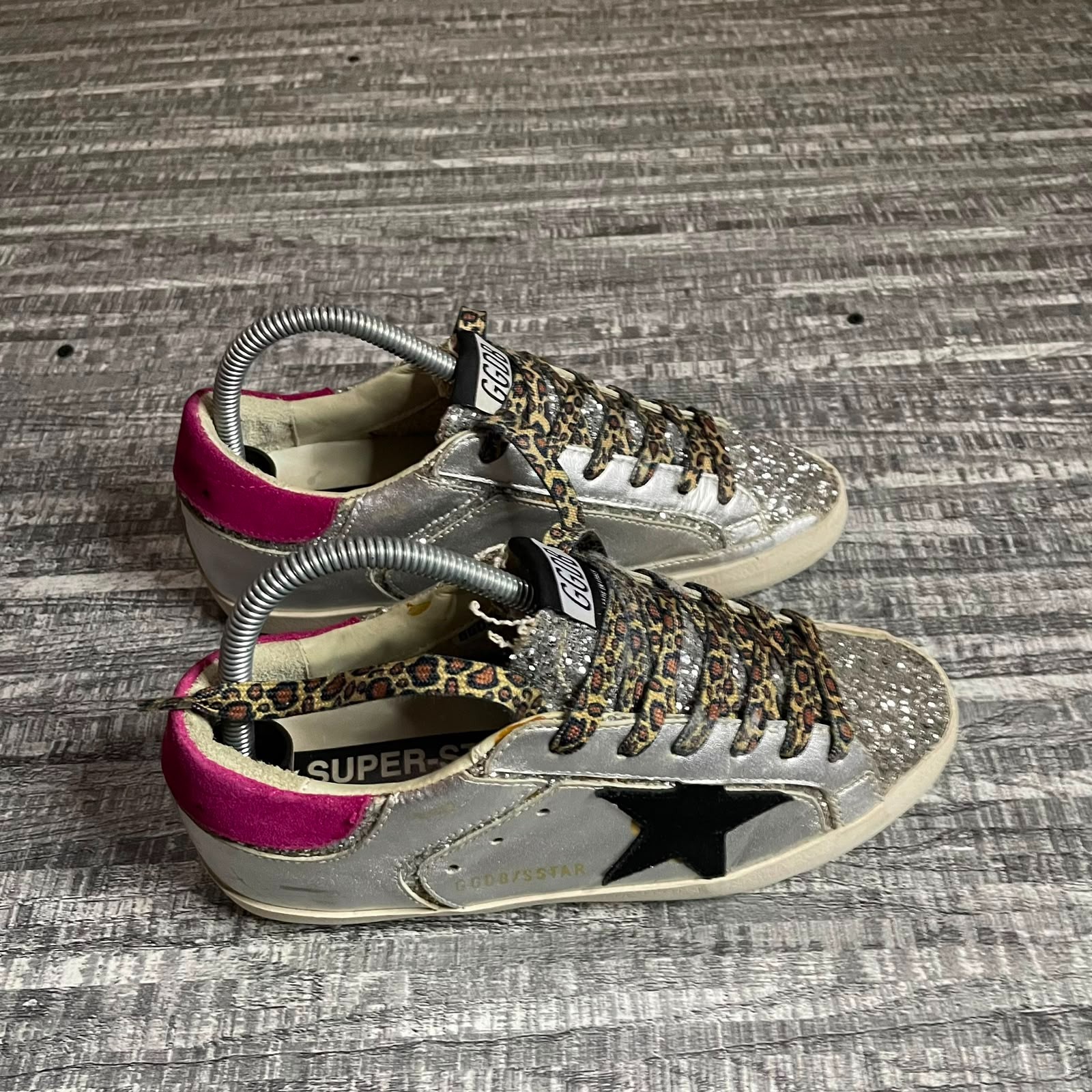 GOLDEN GOOSE SUPERSTAR SILVER GLITTER BLACK STAR PINK HEEL LEOPARD LACES EU 38