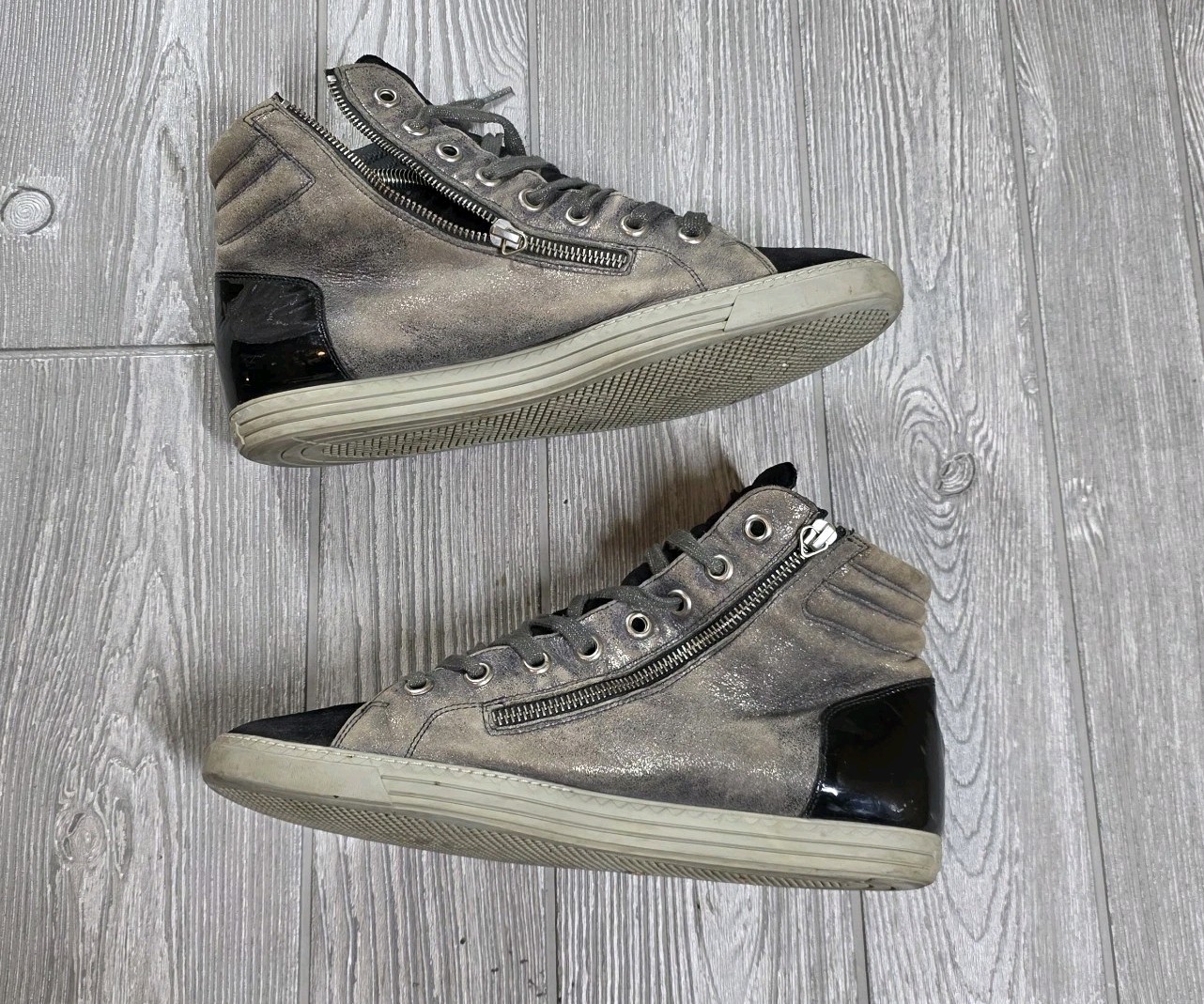 Paul Green brown Black metallic leather & suede hightop sneaker sz 8.5 zip Side