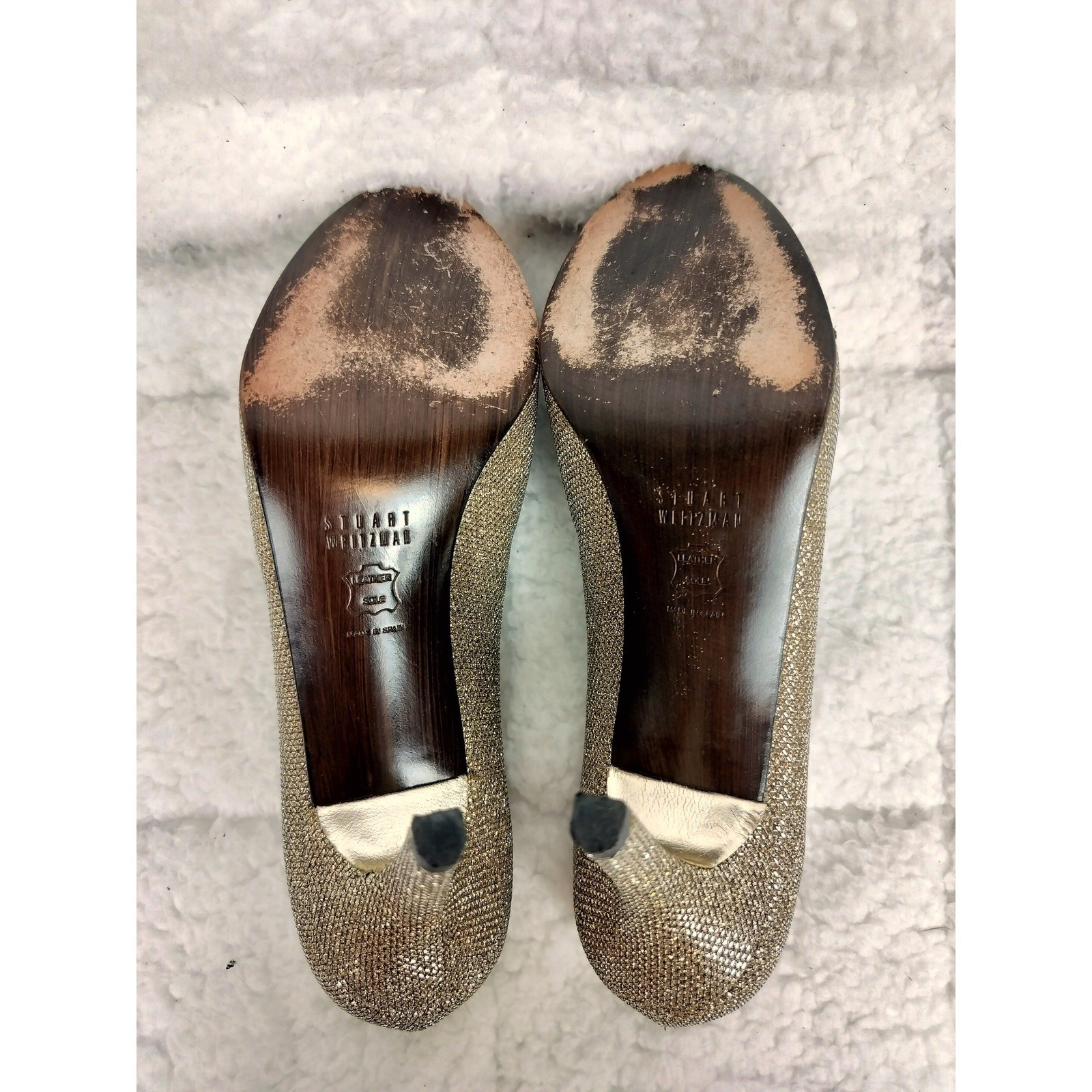 Stuart Weitzman Metallic Mesh Peep Toe Pumps Sparkly Gold Stiletto Heels