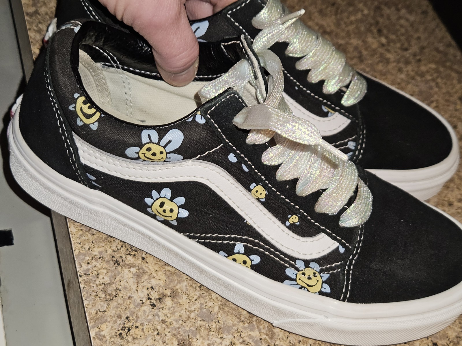 Size 7.5 – VANS Old Skool Black With Yellow And Blue Smiley Face Flowers