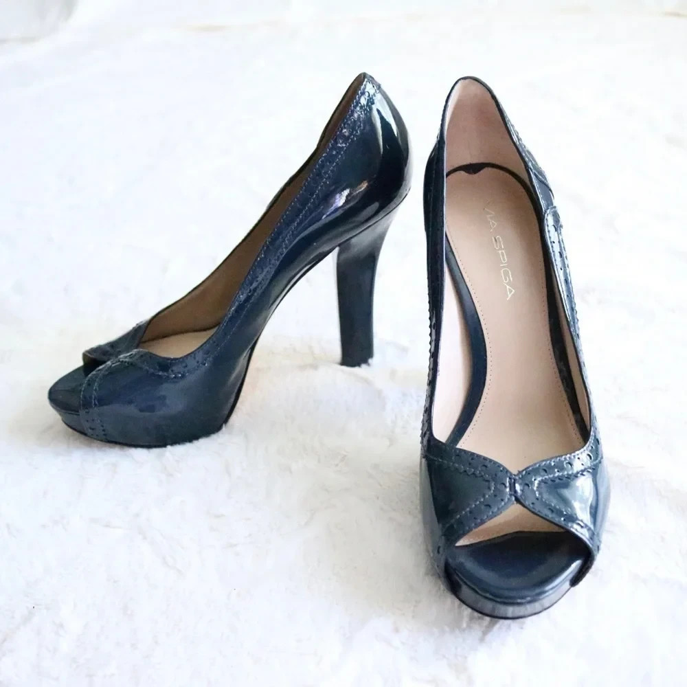 Vintage Navy Open Toe Pump Heel Italian Women’s Size 7