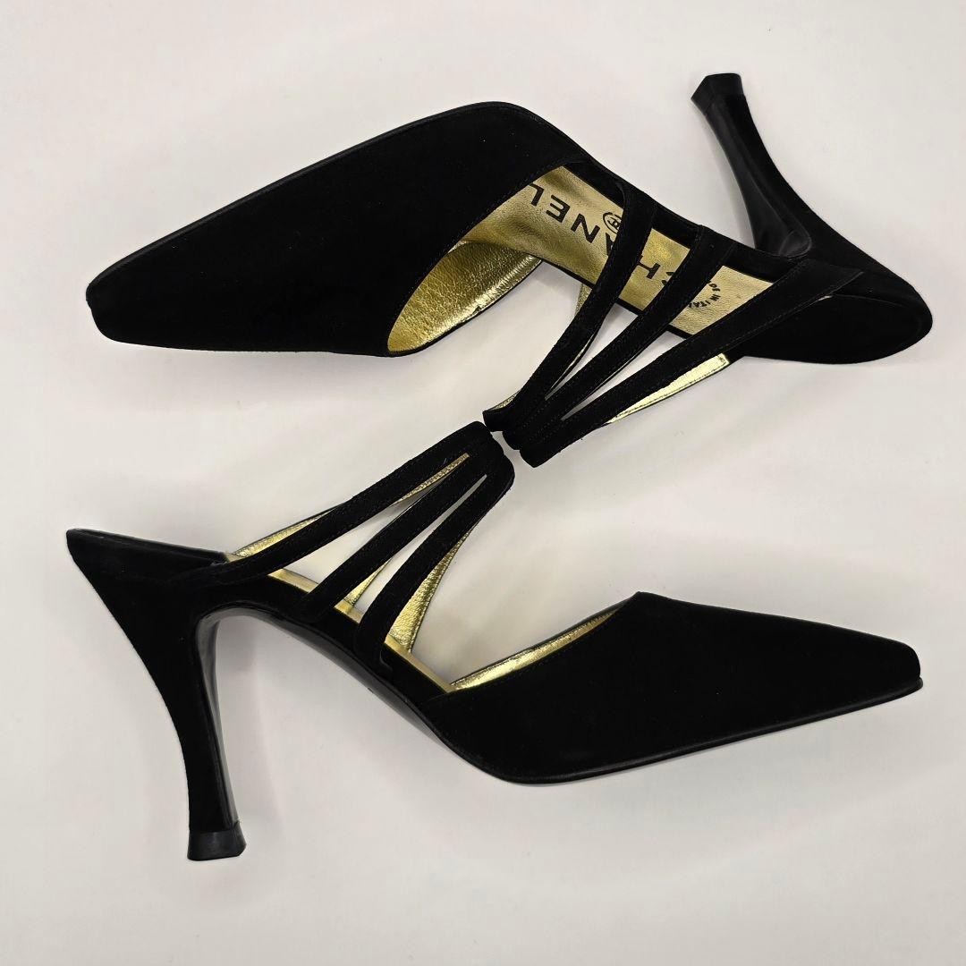 CHANEL Suede Mules Size 36 Black Gold Accents with Box and Dust Bags