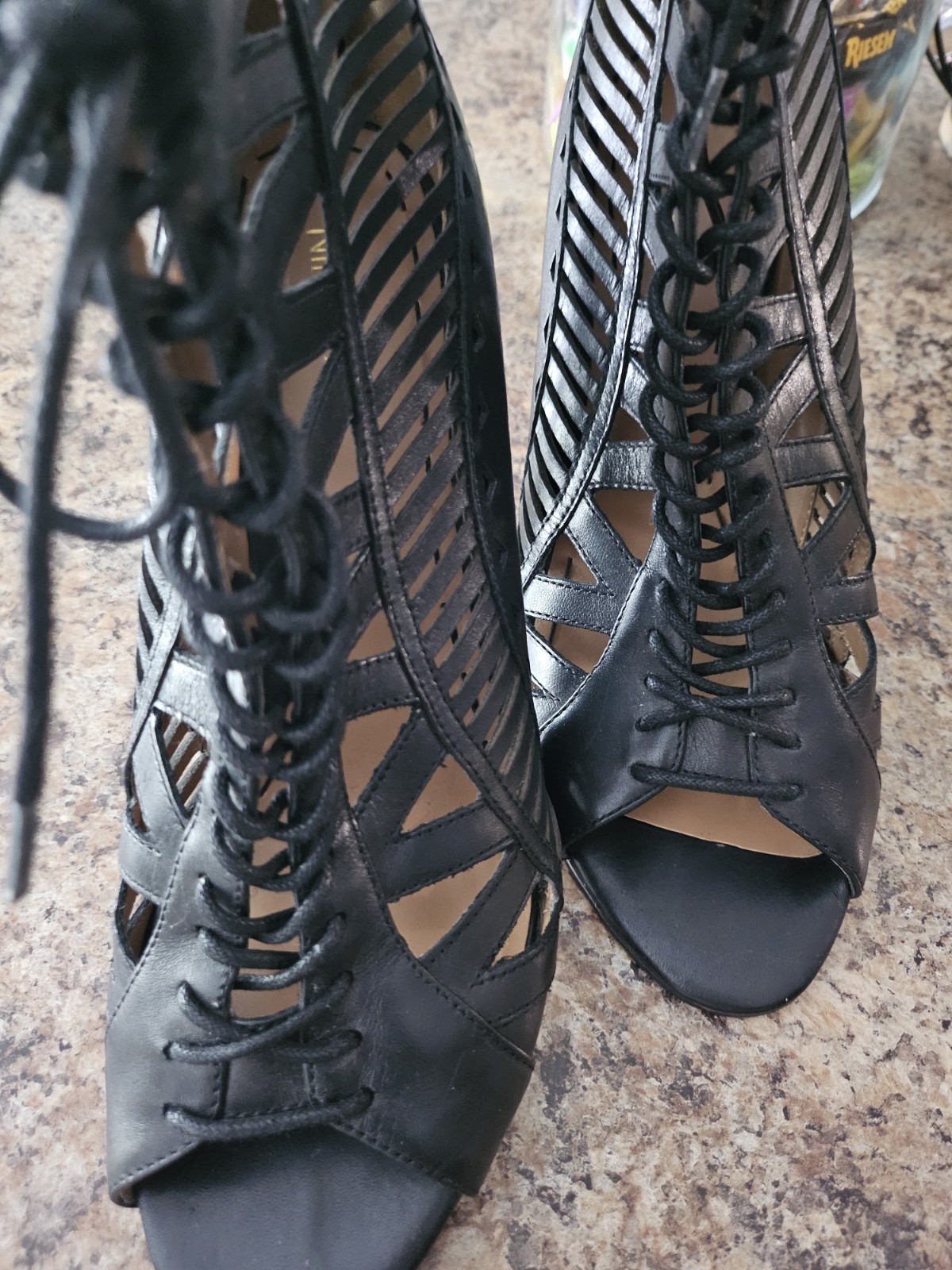Nine West Women’s Black Leather Lace-Up Cut-Out Open Toe Stiletto Heel 9