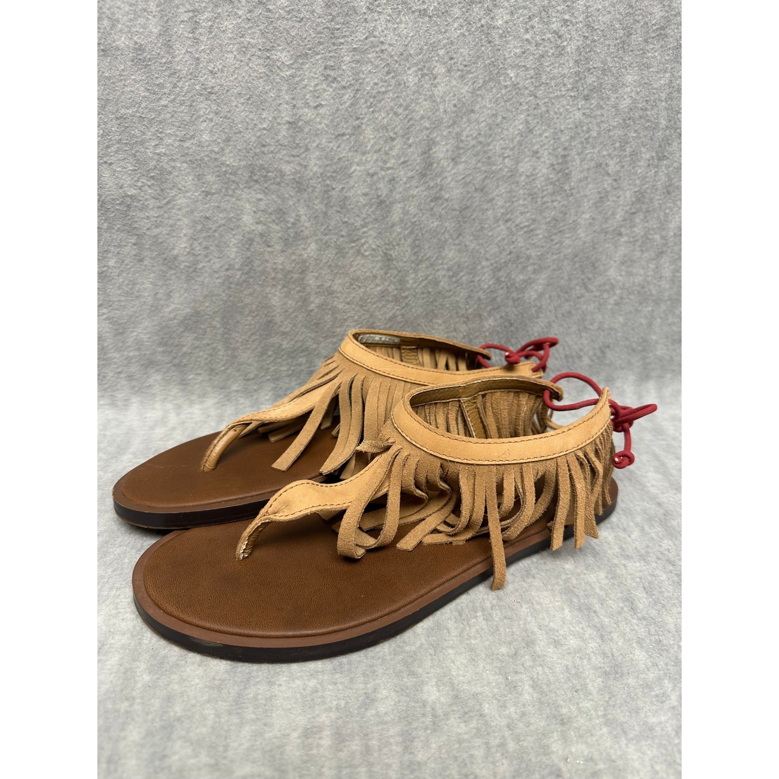 Sanuk Fringe Sandals Womens 7 Tan Excellent Boho Tassel Bungee Ankle Wrap Thong