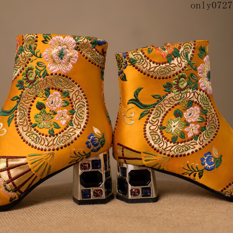 Women’s Ankle Boots Rhinestone Mid Chunky Heel Side Zip Embroidered Shoes Hot