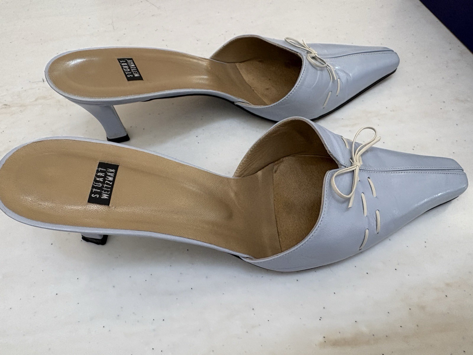 Stuart Weitzman Vintage Y2K Mule Blue Bow Square Toe Slip On Heels US 8.5 M