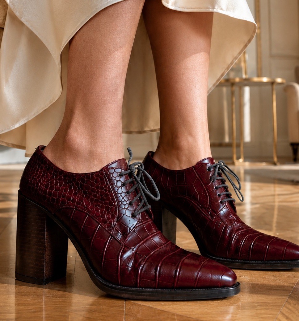 Macri Venezia Burgundy Crocodile Embossed Leather Lace Heels 37.5 US 7-7.5 Italy