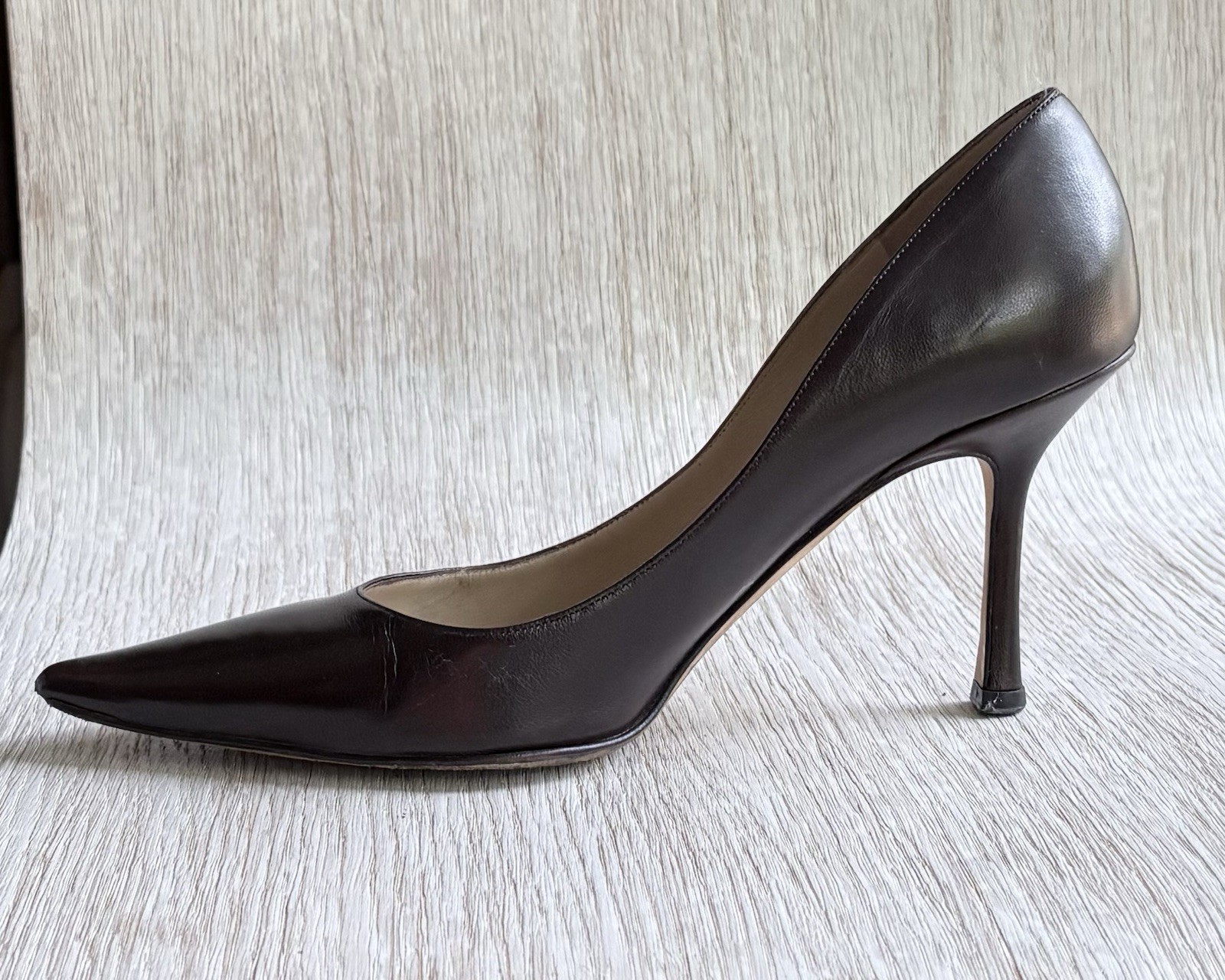 Jimmy Choo Espresso Brown Leather Pointed Toe Pumps EU 38.5 Heels Italy