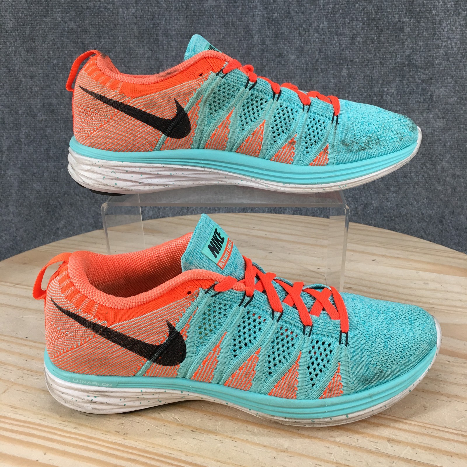 Nike Flyknit Lunar 2 Shoes Womens 9 Athletic Sneaker Lace Up Low Top Blue Orange
