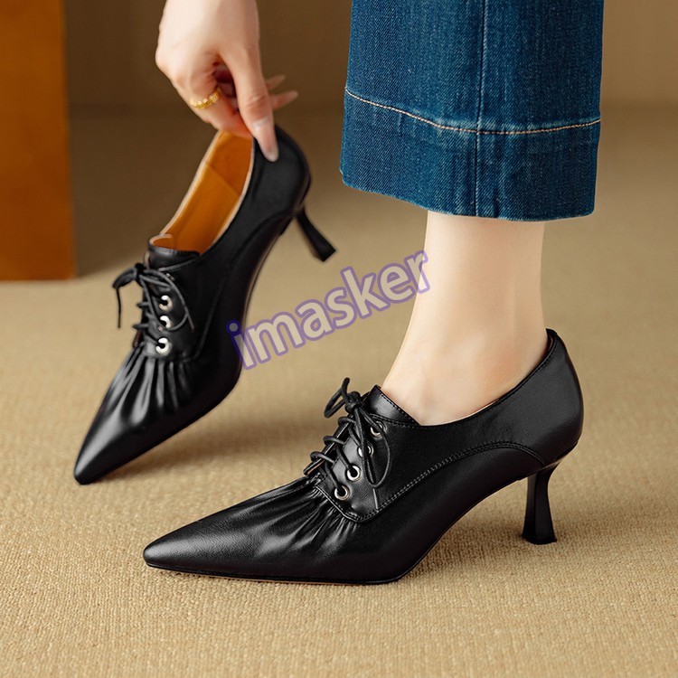 Womens Pointed Toe Real Leather 6.5cm Mid Stiletto Heel Lace Up Low Top Shoes Sz