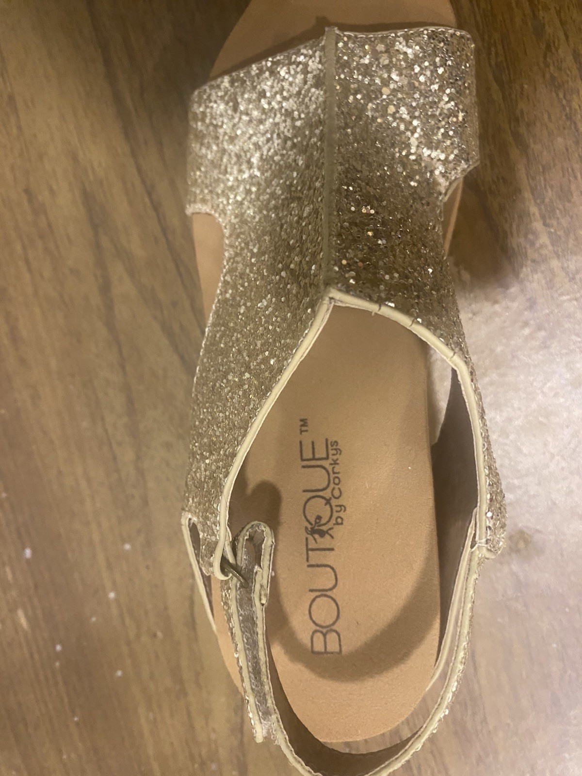 Boutique by Corkys Gold Glitter Wedge Sandals Open Toe Ankle Strap US 7