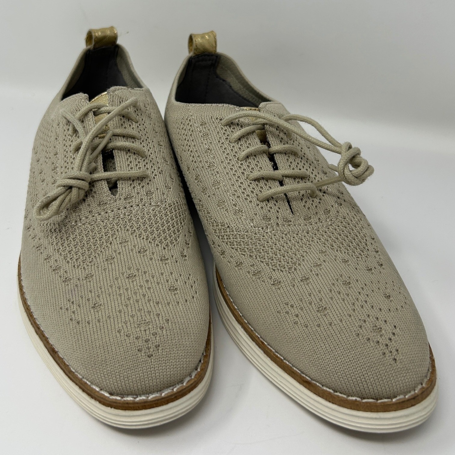 Cole Haan OriginalGrand Wingtip Oxford Shoes Beige Gold Stitchlite Knit Womens 8
