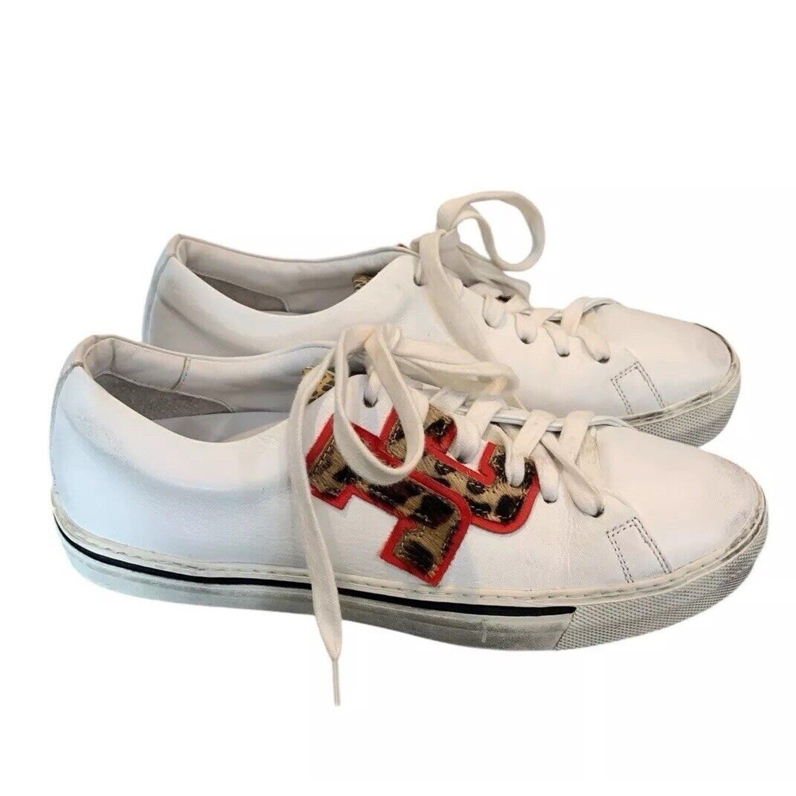 Just Cavalli Italy Womens White Leather Sneakers Leopard Detail Size 5.5