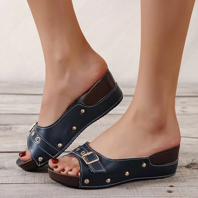 Sandalias De Cuña Con Tacón Para Mujer Zapatos De Playa Chanclas De Verano Cuero