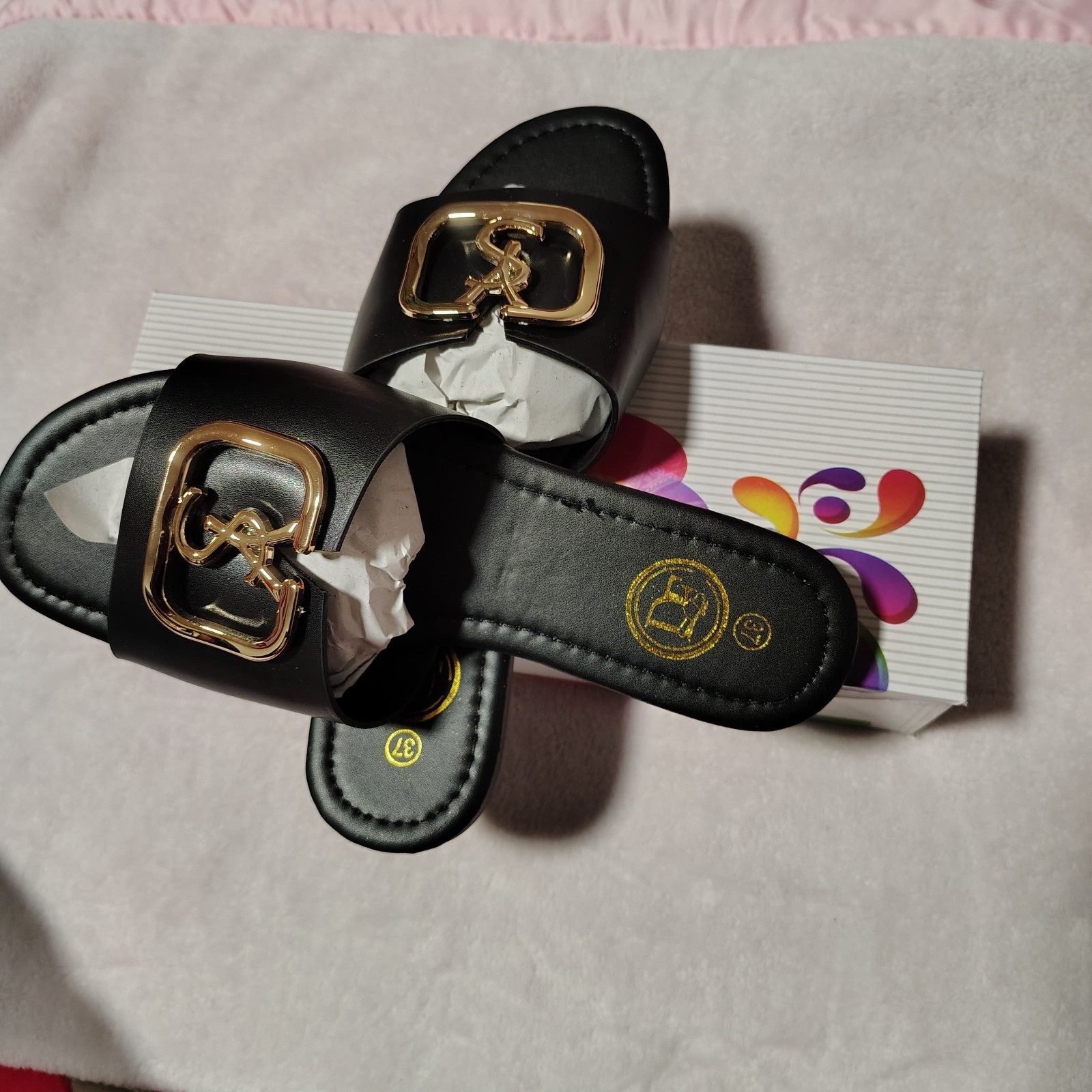!Solid Women’s Black Slide Sandals Gold Logo Buckle US 7 EU 37