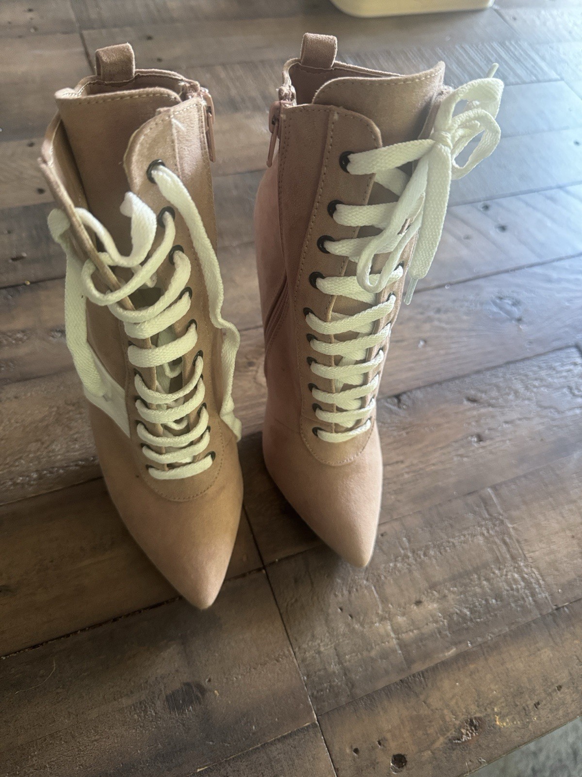 Women’s Faux Suede Lace-Up Ankle Bootie, Pointed Toe, Pink/White, 7.5