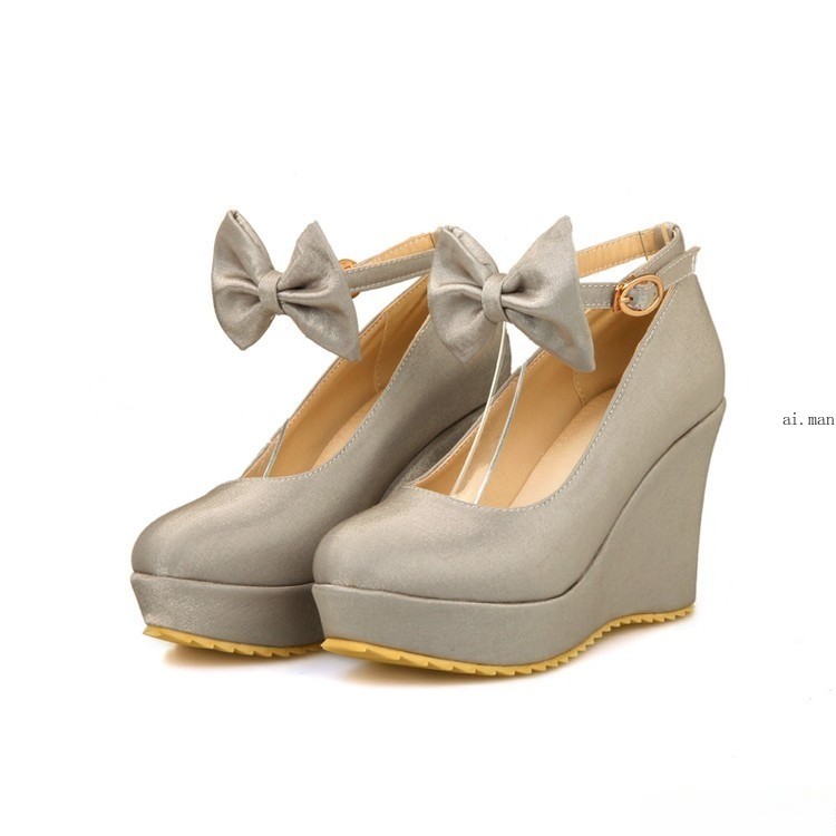 Women’s Round Toe Wedge Heeled Platform Wedding Shoes Bow Tied Shoes Pumps