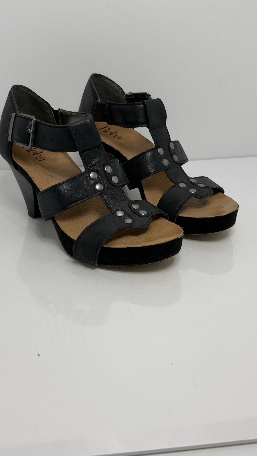 Reba Studded Black Leather Sandals Strappy Platform Block Cone Heel Women’s 7M