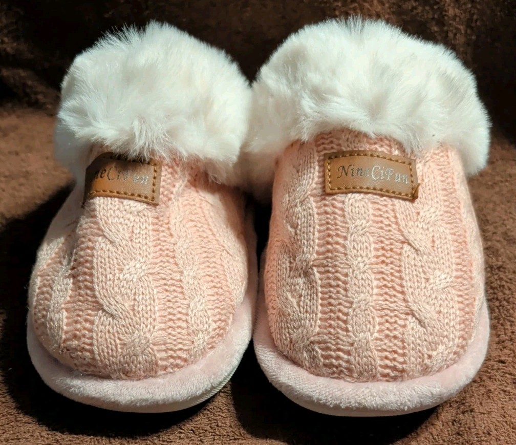 New NineCiFun pink cable knit faux fur slippers EU 36-37 US 6-6.5