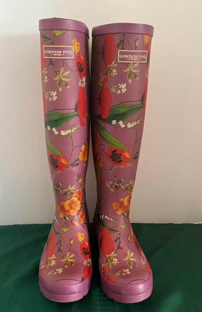 London Fog Wellington Rubber Rain Boots Size 6 Pink Floral Pattern 16″ Tall EUC